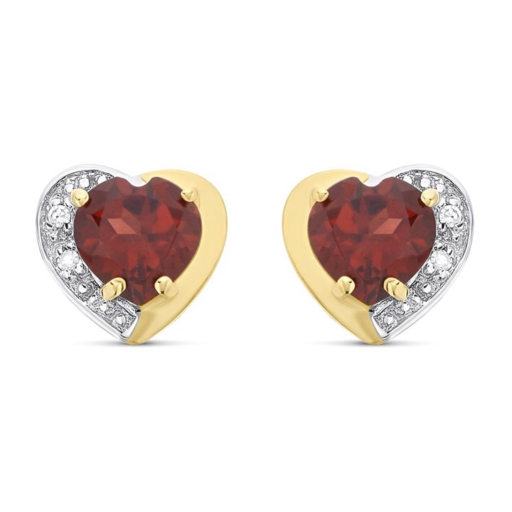 9ct Gold Two Colour Garnet And Diamond Heart Stud Earrings - G0318