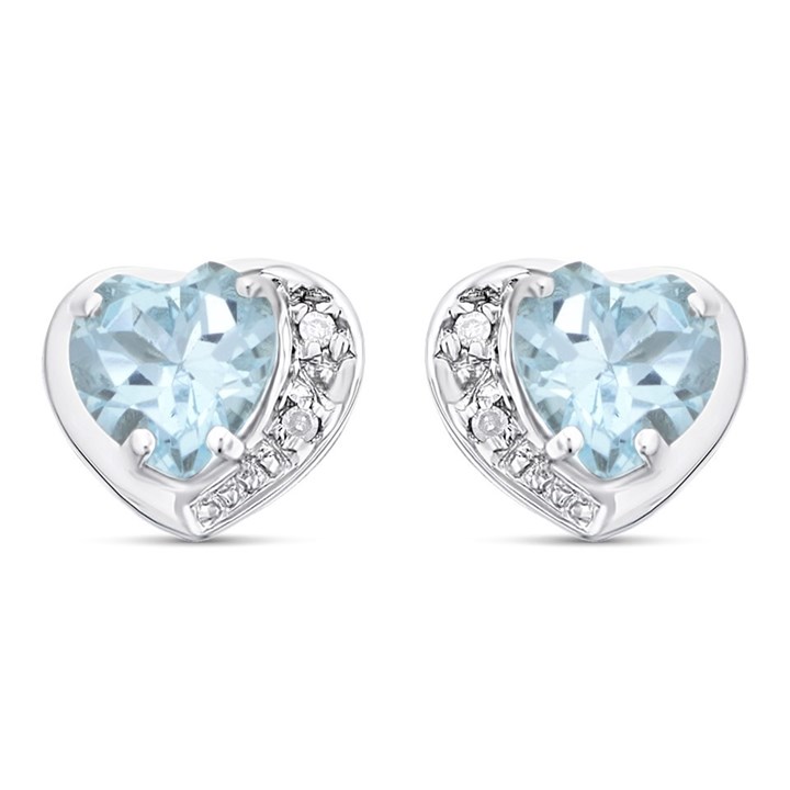 9ct White Gold Blue Topaz And Diamond Heart Stud Earrings - 7mm - G0320