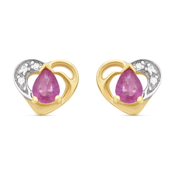 9ct Gold Ruby And Diamond Heart Stud Earrings - 7mm - G0325