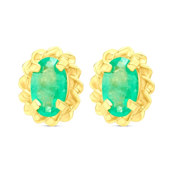 9ct Gold Emerald Oval Twisted Border Earrings - G04113