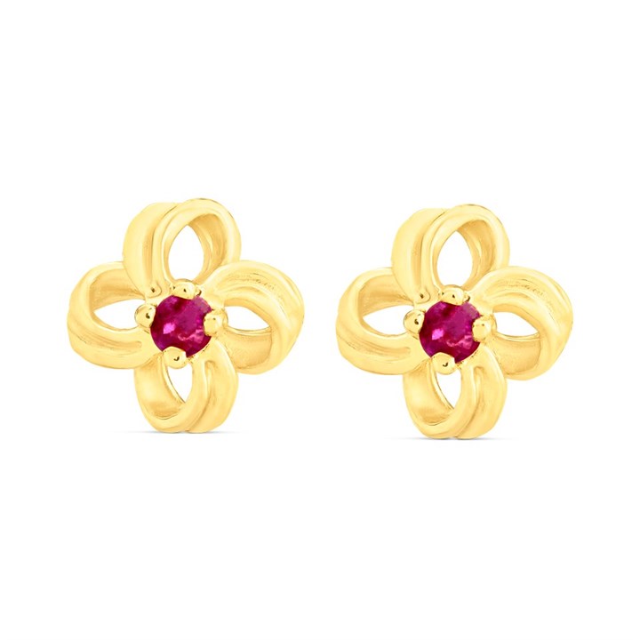 9ct Gold Ruby Flower Stud Earrings - 7mm - G04127