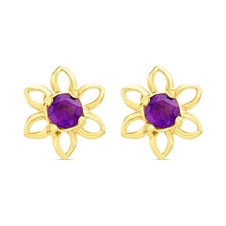 9ct Gold Amethyst Flower Stud Earrings - 10mm - G0495