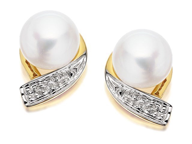 9ct Gold Two Colour Diamond And Freshwater Pearl Earrings - 10mm - G0620