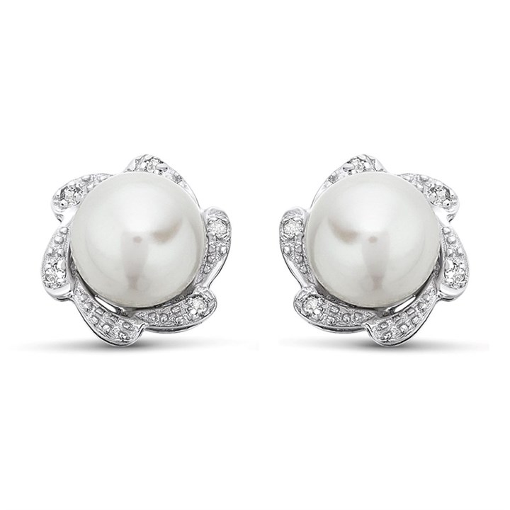 9ct White Gold Freshwater Pearl And Diamond Stud Earrings - G0661