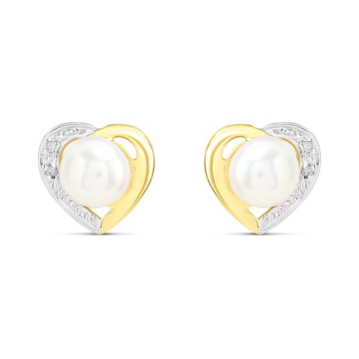 9ct Freshwater Pearl And Diamond Heart Stud Earrings - G0693
