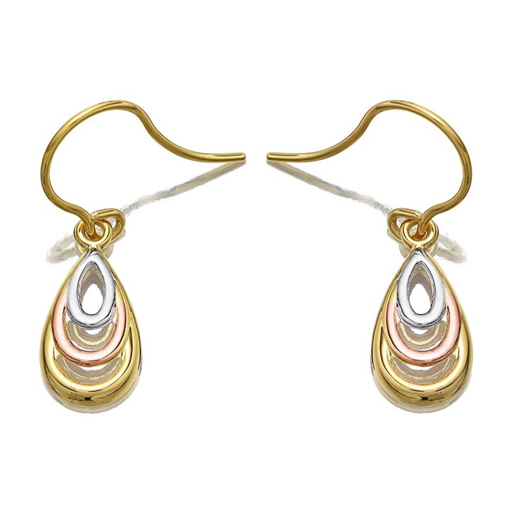 9ct Gold Three Colour Teardrop Hook Wire Earrings 25mm drop - G1055