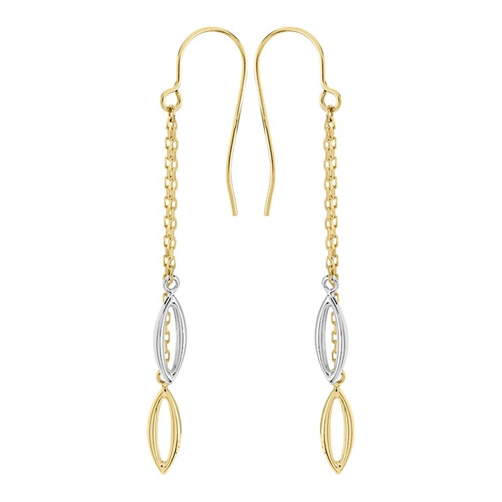 9ct Gold Two Colour Chain Hook Wire Earrings - 49mm drop - G1066