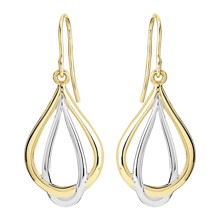 9ct Gold Two Colour Double Teardrop Hook Wire Earrings - 36mm drop - G1074