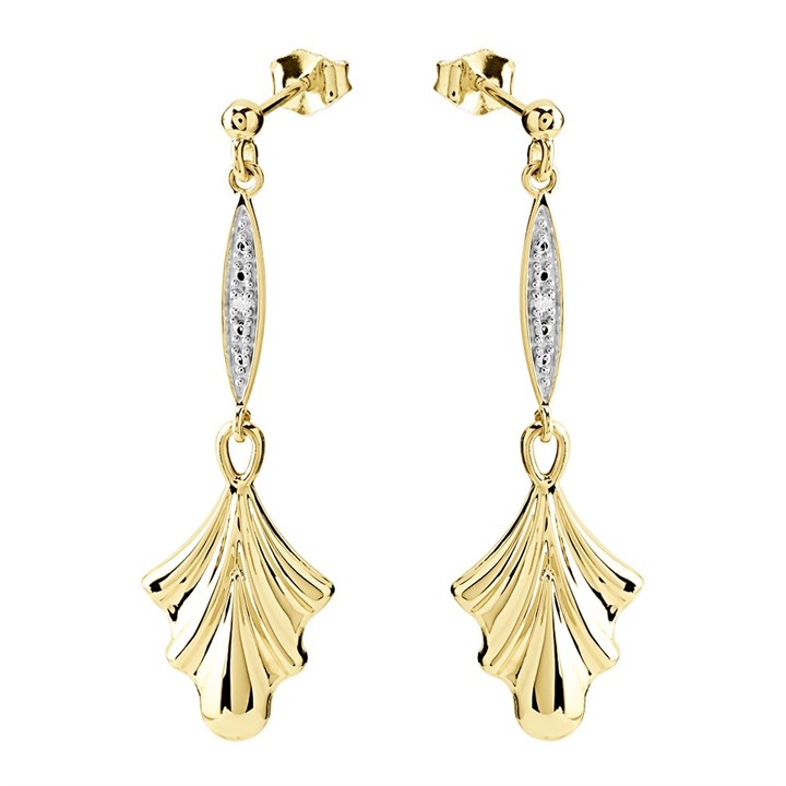 9ct Gold Diamond Fan Drop Earrings - 35mm drop - G1076