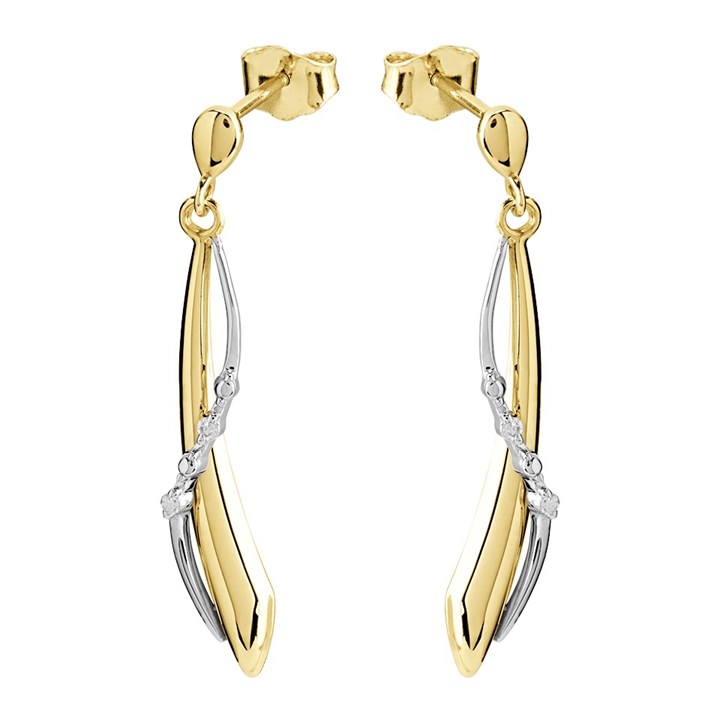 9ct Gold Two Colour Diamond Crossover Drop Earrings - 27mm drop - G1077