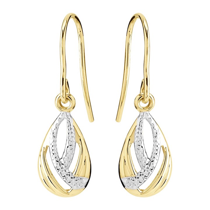 9ct Gold Two Colour Teardrop Hook Wire Earrings - 25mm drop - G1112