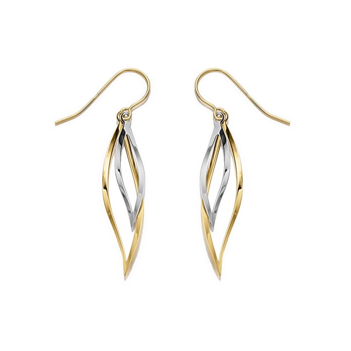 9ct Two Colour Gold Twisted Leaf Hook Wire Earrings - 40mm drop - G14105