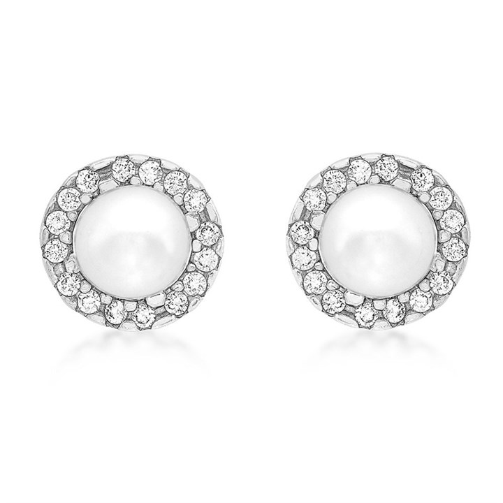 9ct White Gold Pearl And Cubic Zirconia Stud Earrings - 8mm - G14106