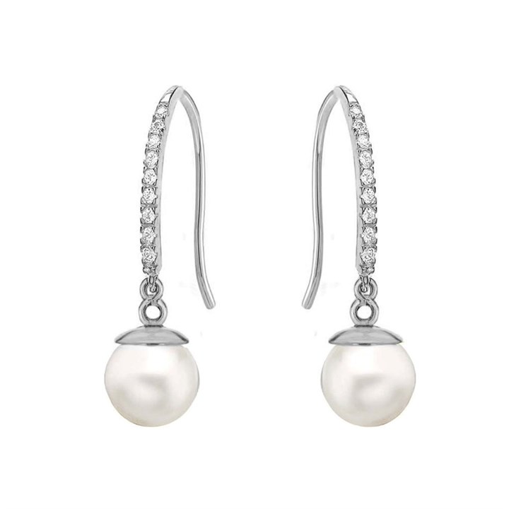 9ct White Gold Cubic Zirconia And Pearl Hook Wire Earrings - 24mm drop - G14108