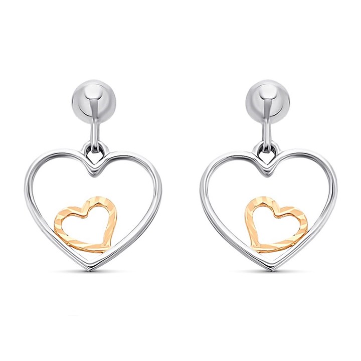 9ct Rose Gold Rhodium Heart Drop Earrings - 11mm drop - G1471
