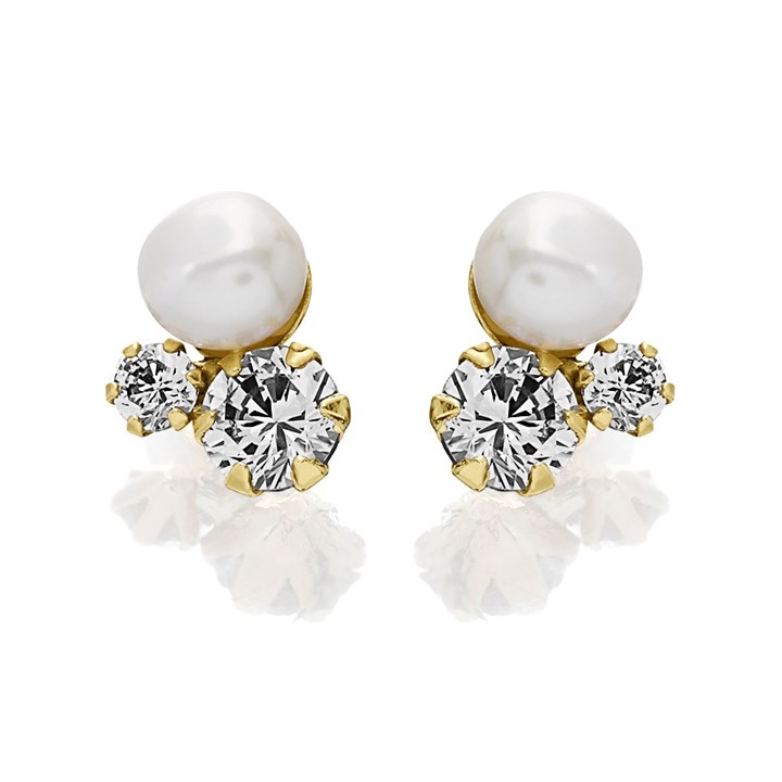 9ct Gold Cultured Freshwater Pearl And Cubic Zirconia Stud Earrings - G1494