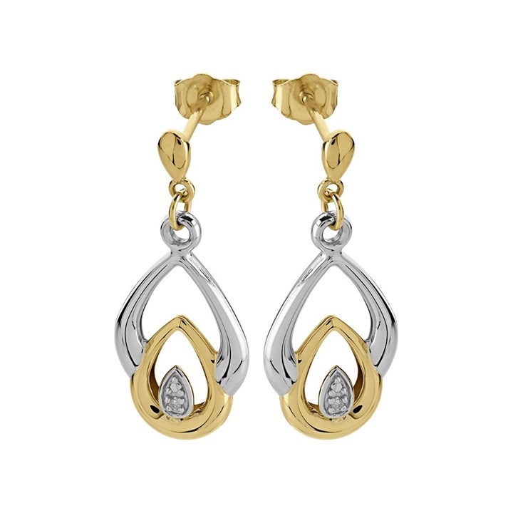 9ct Gold Two Colour Diamond Drop Earrings - 24mm drop - G1525
