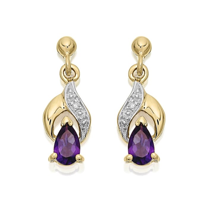 9ct Gold Amethyst And Diamond Drop Earrings - 6pts per pair - G1842