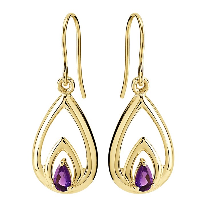 9ct Gold Amethyst Teardrop Hook Wire Earrings - 31mm drop - G1849