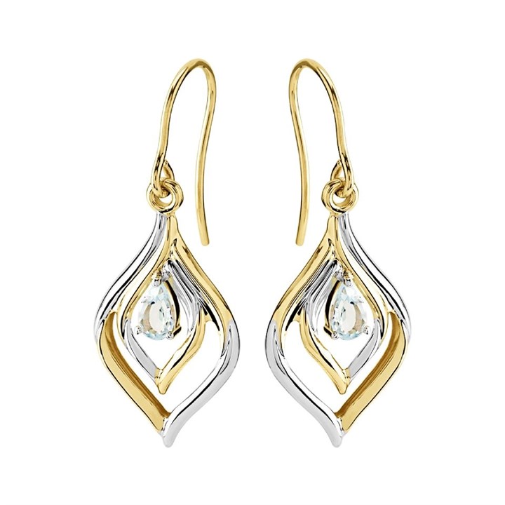 9ct Gold Two Colour Blue Topaz Hook Wire Earrings - 33mm drop - G1850