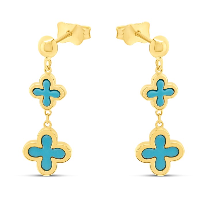 9ct Gold Synthetic Turquoise Flower Drop Earrings - G1857