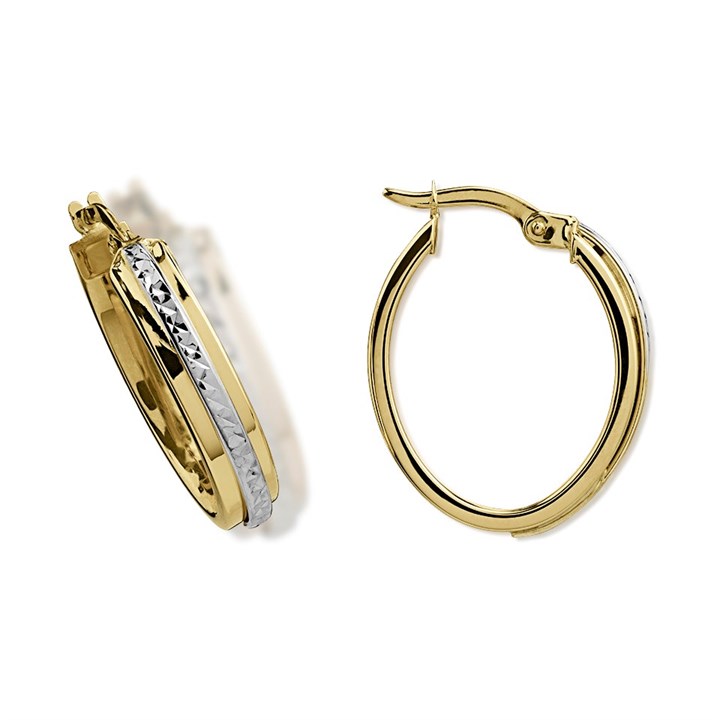 9ct Gold Two Colour Diamond Cut Oval Hoop Earrings - 20mm - G2441