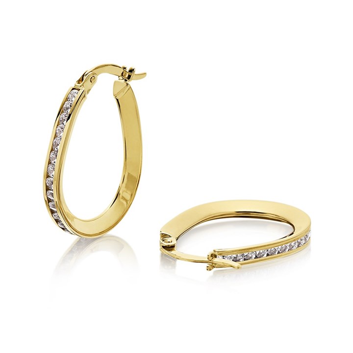 9ct Gold Cubic Zirconia Oval Hoop Earrings - 23mm - G2449