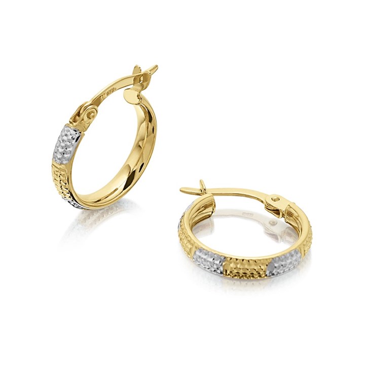9ct Gold Two Colour Diamond Cut Hoop Earrings - 13mm - G2463