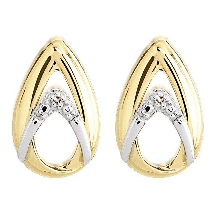 9ct Gold Two Colour Diamond Teardrop Stud Earrings - 11mm - G27132