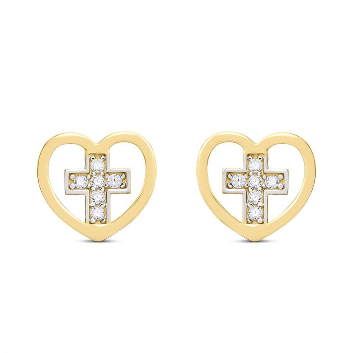 9ct Two Colour CZ Heart Cross Stud Earrings - G27139