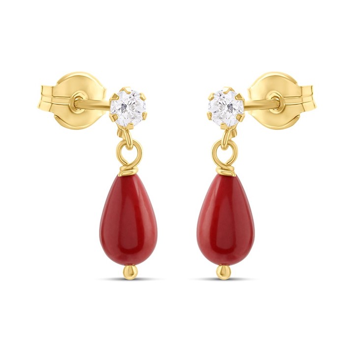 9ct Gold CZ And Coral Drop Earrings - G2888