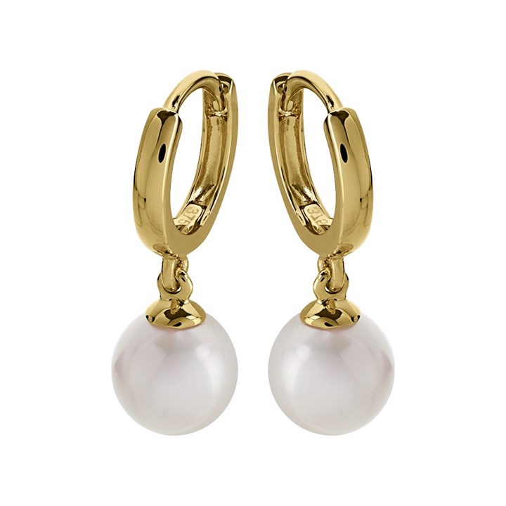 9ct Gold Freshwater Pearl Hoop Drop Earrings - 20mm drop - G3128