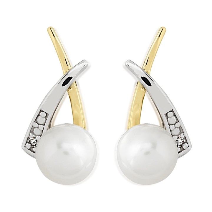 9ct Gold Two Colour Pearl And Diamond Stud Earrings - 13mm - G3135