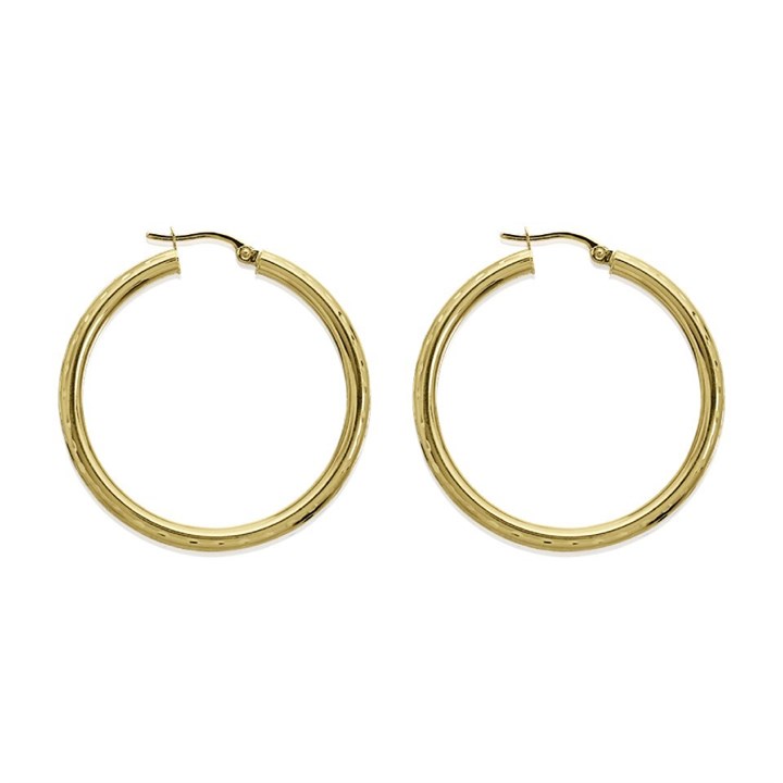 9ct Gold Patterned Hoop Earrings - 35mm - G41117