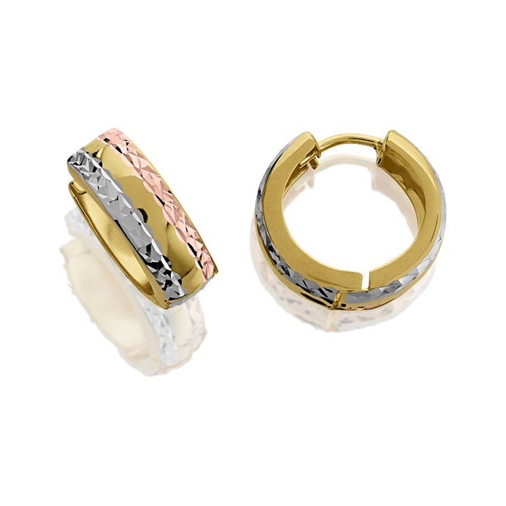 9ct Gold Three Tone Diamond Cut Huggie Earrings - 13mm - G41143