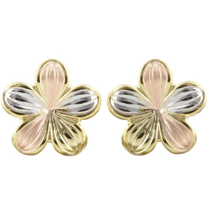9ct Gold Three Colour Flower Stud Earrings - 11mm - G4642