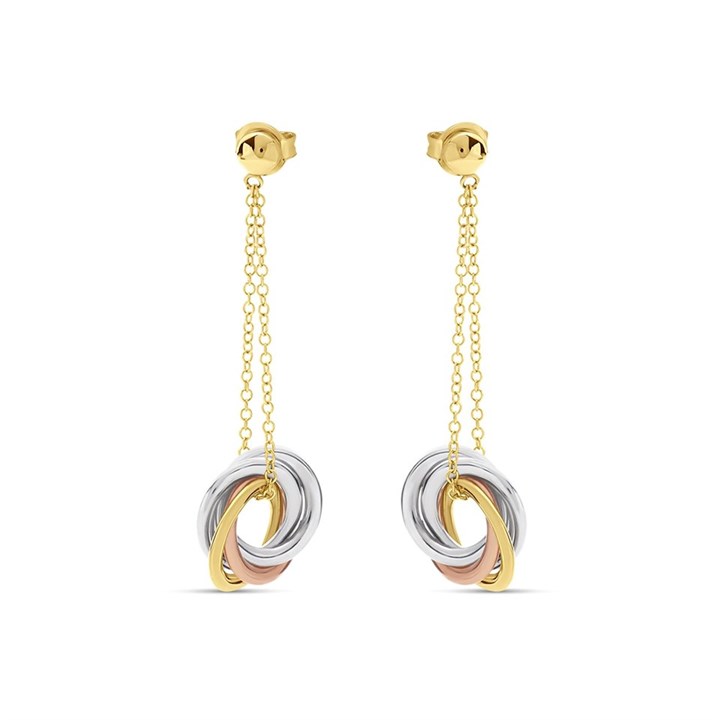 9ct Gold Three Colour Circle Drop Earrings - 40mm drop - G4818