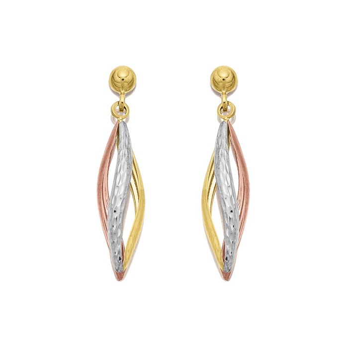9ct Gold Three Colour Swirl Drop Earrings - 28mm drop - G4821