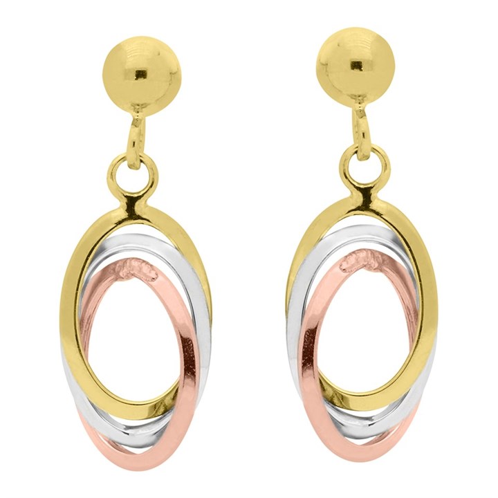 9ct Gold Three Colour Entwined Oval Drop Earrings - 20mm drop - G4822