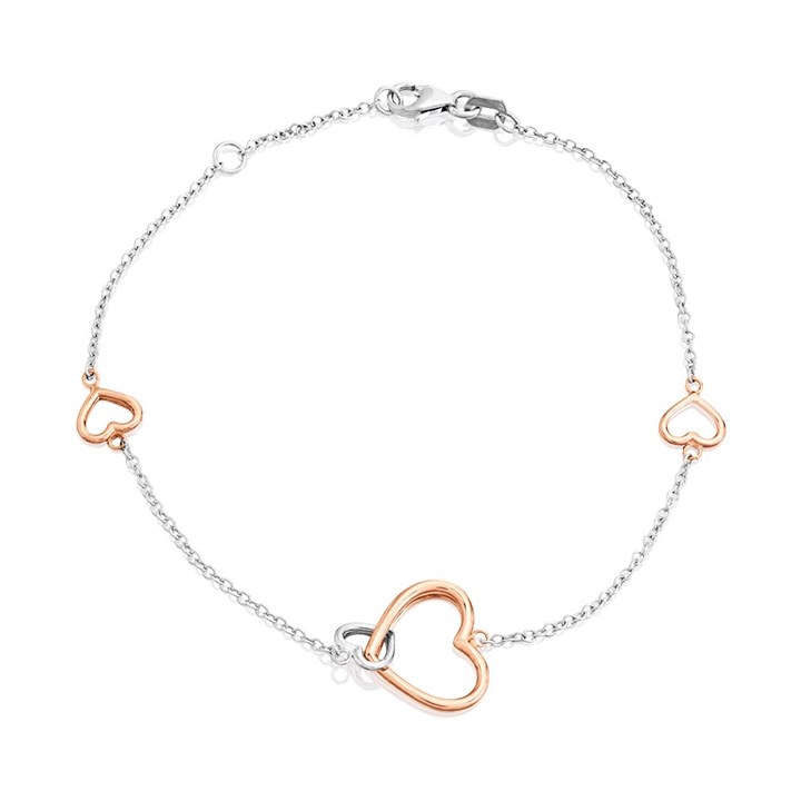 9ct Gold Two Colour Hearts Bracelet - 7.5in - G6478