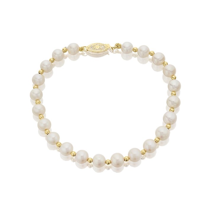 9ct Gold Beaded and Freshwater Pearl Bracelet - 7.5in - G8337