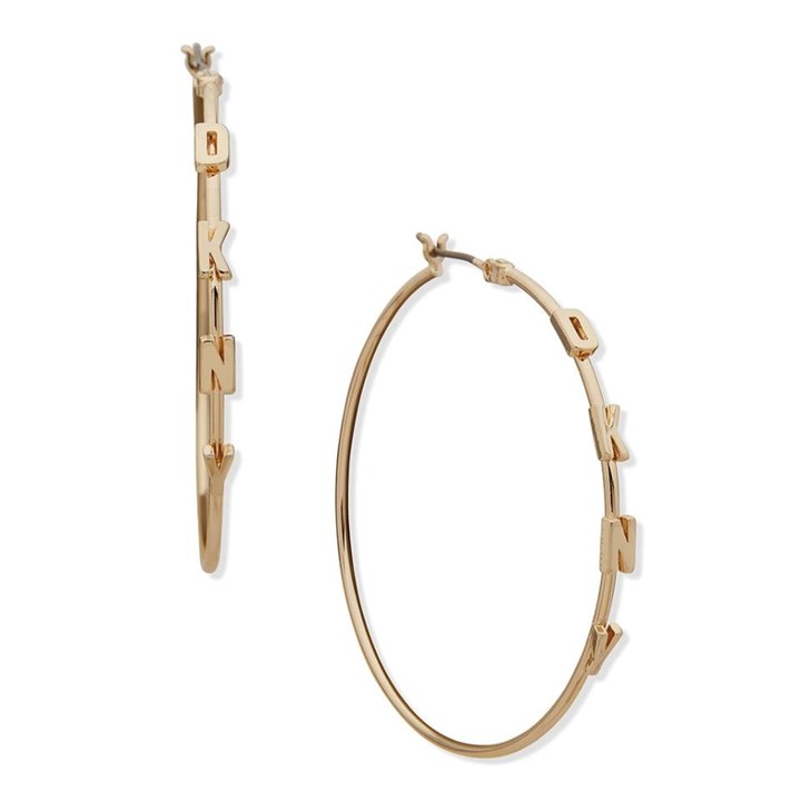 DKNY 04G00314 Gold Tone Crystal Logo Hoop Earrings - J46167