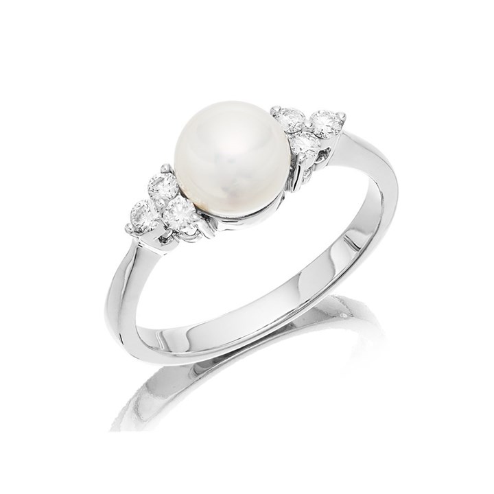 9ct White Gold Freshwater Pearl And Diamond Ring - 18pts - R0430