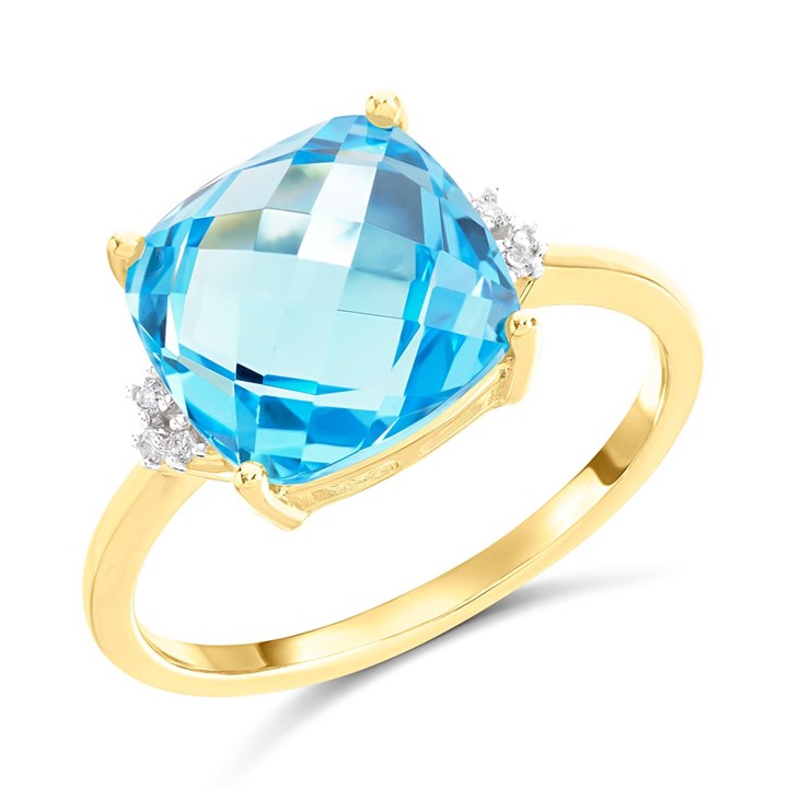 9ct Gold Blue Topaz And Diamond Cushion Ring - R0982