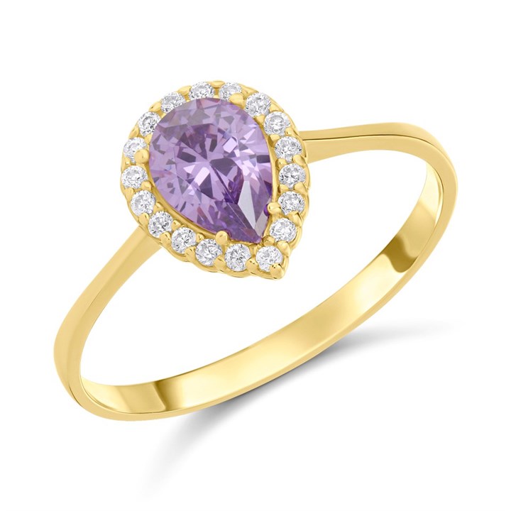 9ct Gold Purple And Clear CZ Teardrop Ring - R6101