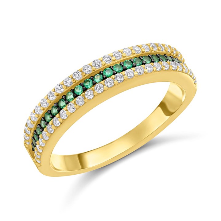 9ct Gold Green And Clear CZ Three Row Claw Set Ring - R6137