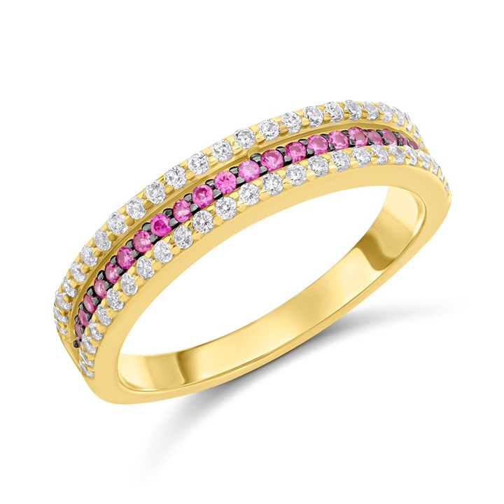 9ct Gold Pink And Clear CZ Three Row Claw Set Ring - R6138