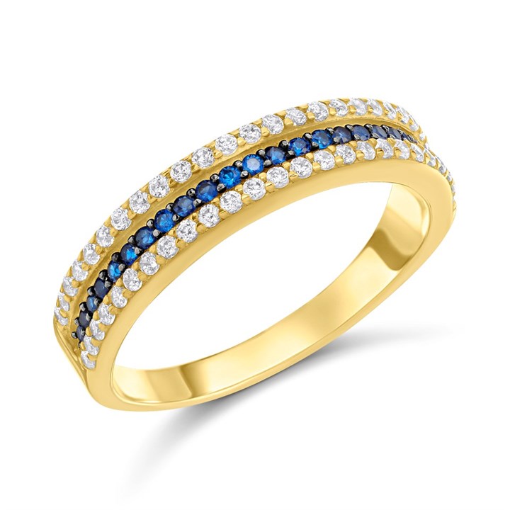 9ct Gold Blue And Clear CZ Three Row Claw Set Ring - R6139