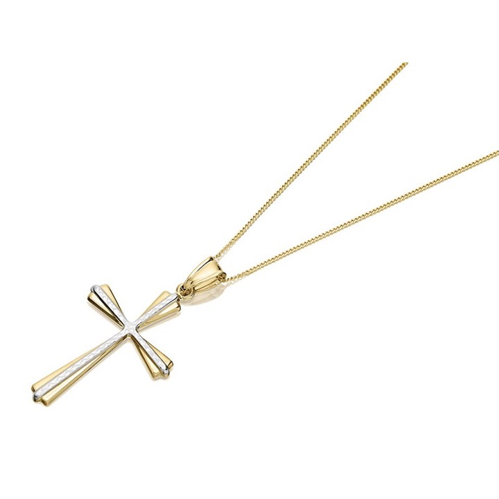 9ct Gold Two Colour Diamond Cut Cross And Chain - R6806