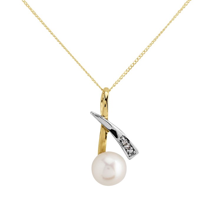 9ct Two Colour Gold Freshwater Pearl And Diamond Necklace - R7777